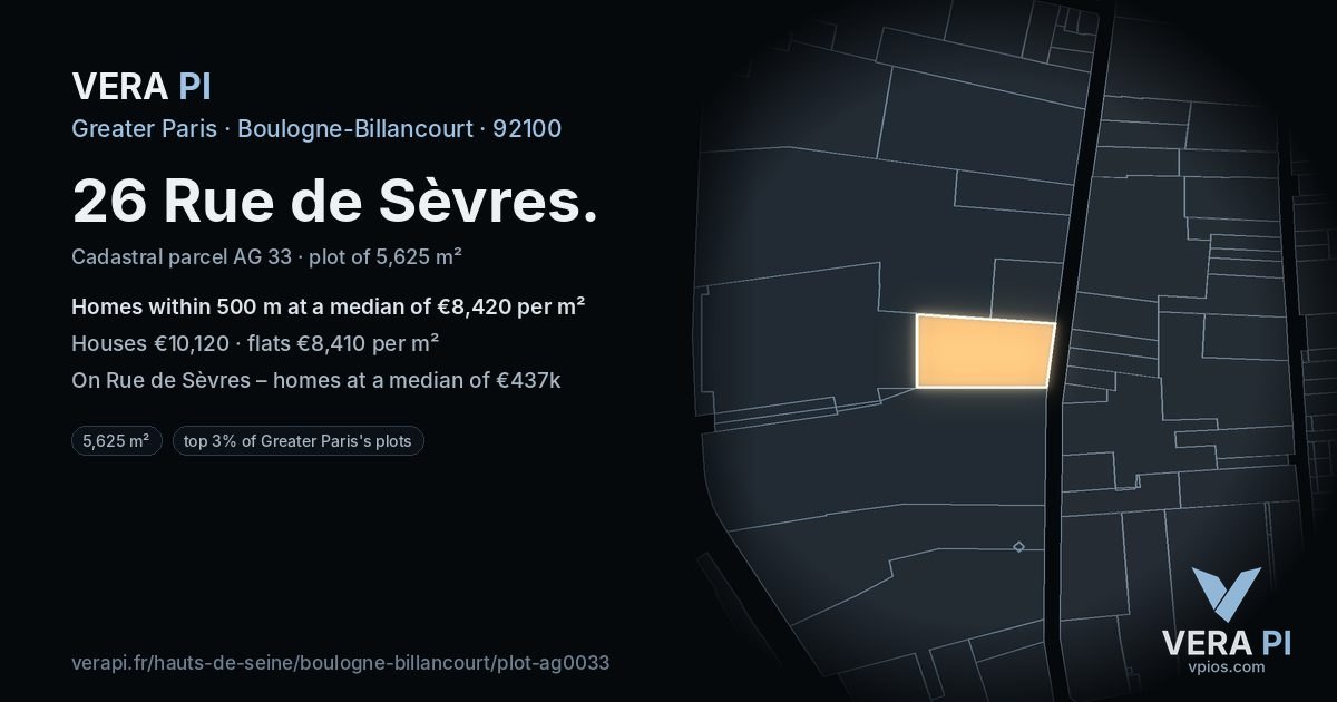 26 Rue de Sèvres, Boulogne-Billancourt at night – the plot lit, the parcels around coloured by the prices near them
