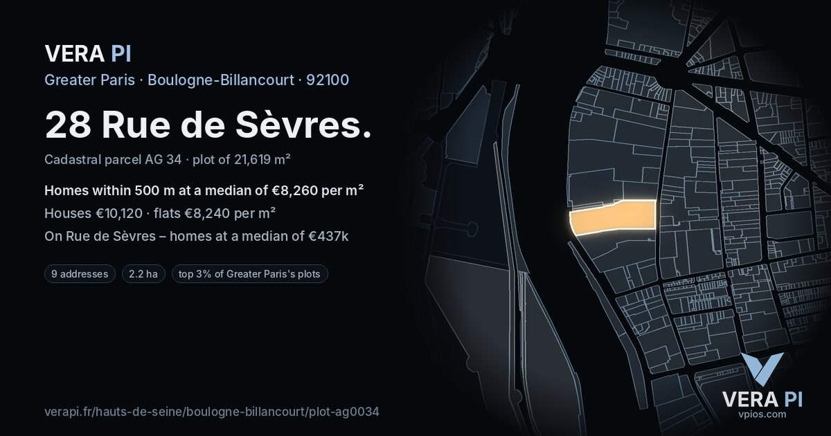 28 Rue de Sèvres, Boulogne-Billancourt at night – the plot lit, the parcels around coloured by the prices near them