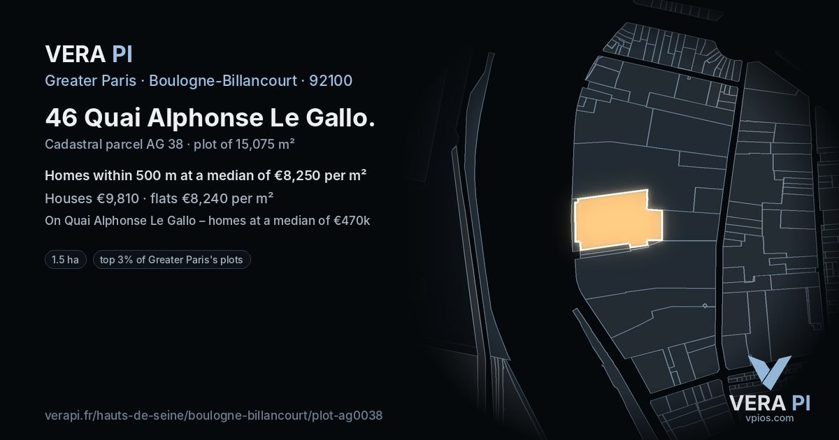 46 Quai Alphonse Le Gallo, Boulogne-Billancourt at night – the plot lit, the parcels around coloured by the prices near them
