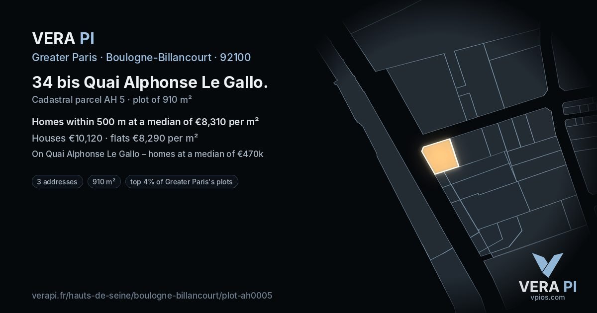 34 bis Quai Alphonse Le Gallo, Boulogne-Billancourt at night – the plot lit, the parcels around coloured by the prices near them
