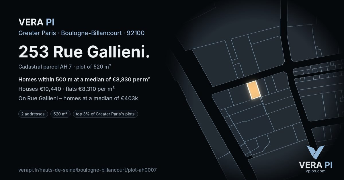 253 Rue Gallieni, Boulogne-Billancourt at night – the plot lit, the parcels around coloured by the prices near them