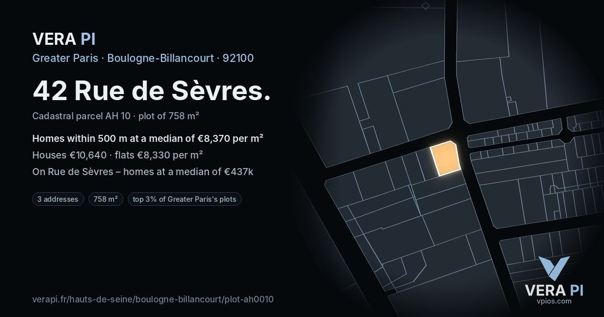 42 Rue de Sèvres, Boulogne-Billancourt at night – the plot lit, the parcels around coloured by the prices near them