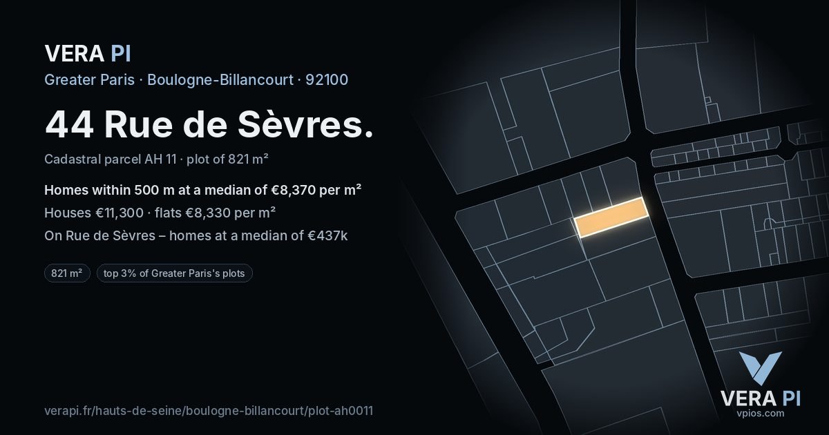 44 Rue de Sèvres, Boulogne-Billancourt at night – the plot lit, the parcels around coloured by the prices near them