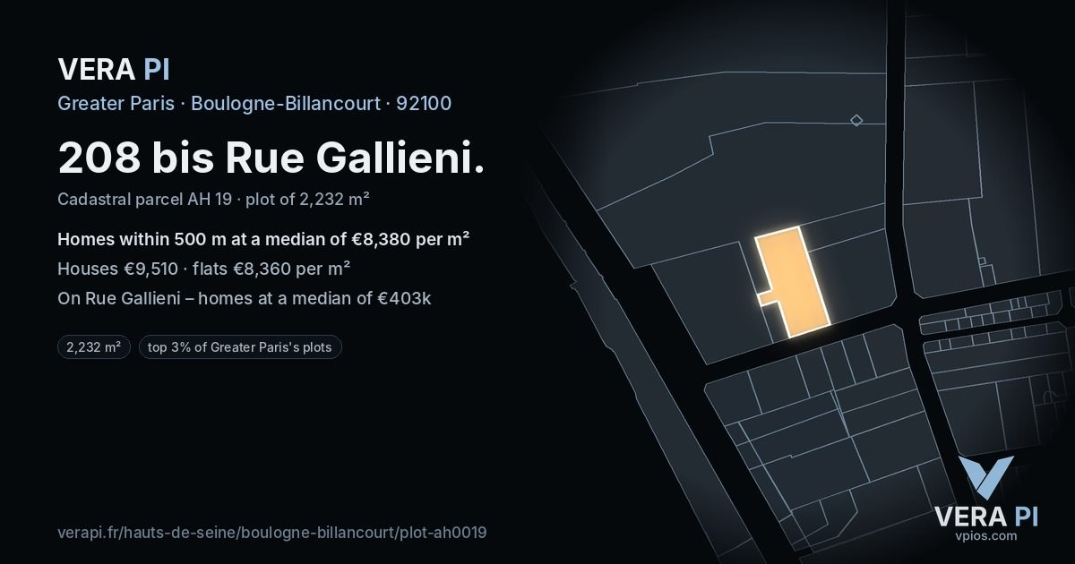 208 bis Rue Gallieni, Boulogne-Billancourt at night – the plot lit, the parcels around coloured by the prices near them