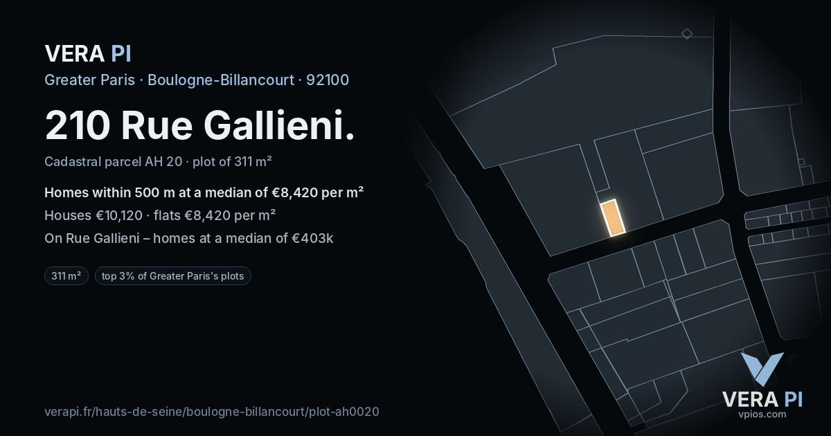 210 Rue Gallieni, Boulogne-Billancourt at night – the plot lit, the parcels around coloured by the prices near them