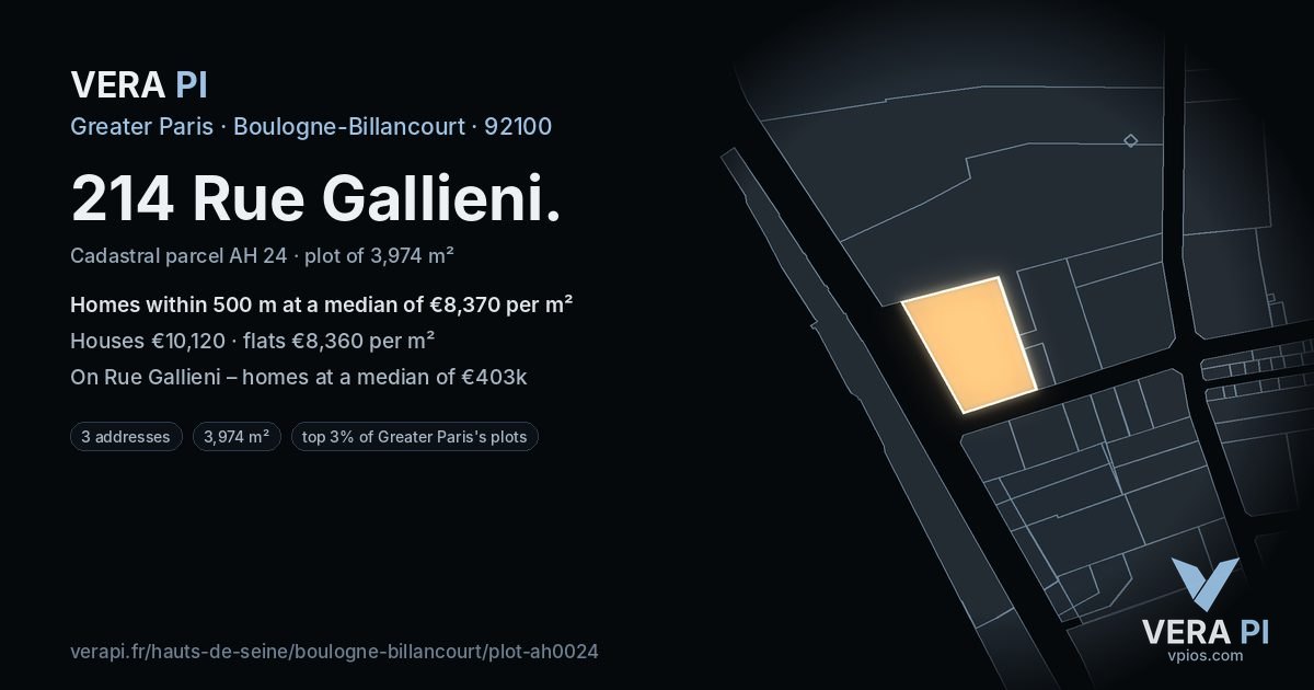 214 Rue Gallieni, Boulogne-Billancourt at night – the plot lit, the parcels around coloured by the prices near them