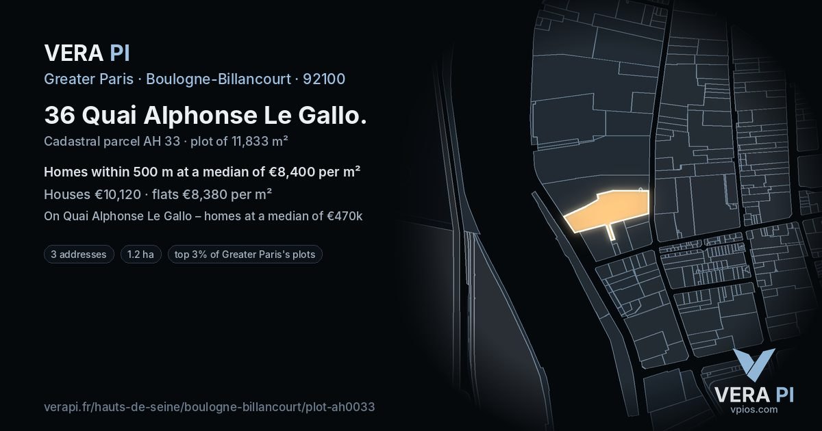 36 Quai Alphonse Le Gallo, Boulogne-Billancourt at night – the plot lit, the parcels around coloured by the prices near them