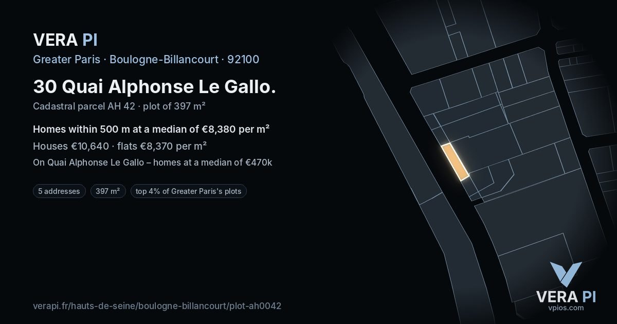 30 Quai Alphonse Le Gallo, Boulogne-Billancourt at night – the plot lit, the parcels around coloured by the prices near them