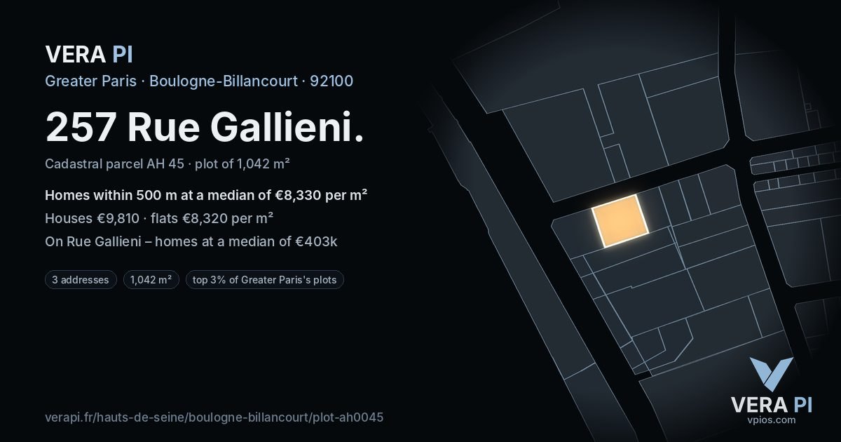 257 Rue Gallieni, Boulogne-Billancourt at night – the plot lit, the parcels around coloured by the prices near them