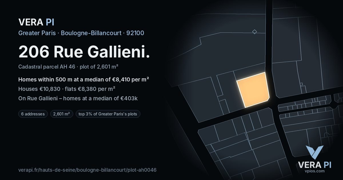 206 Rue Gallieni, Boulogne-Billancourt at night – the plot lit, the parcels around coloured by the prices near them