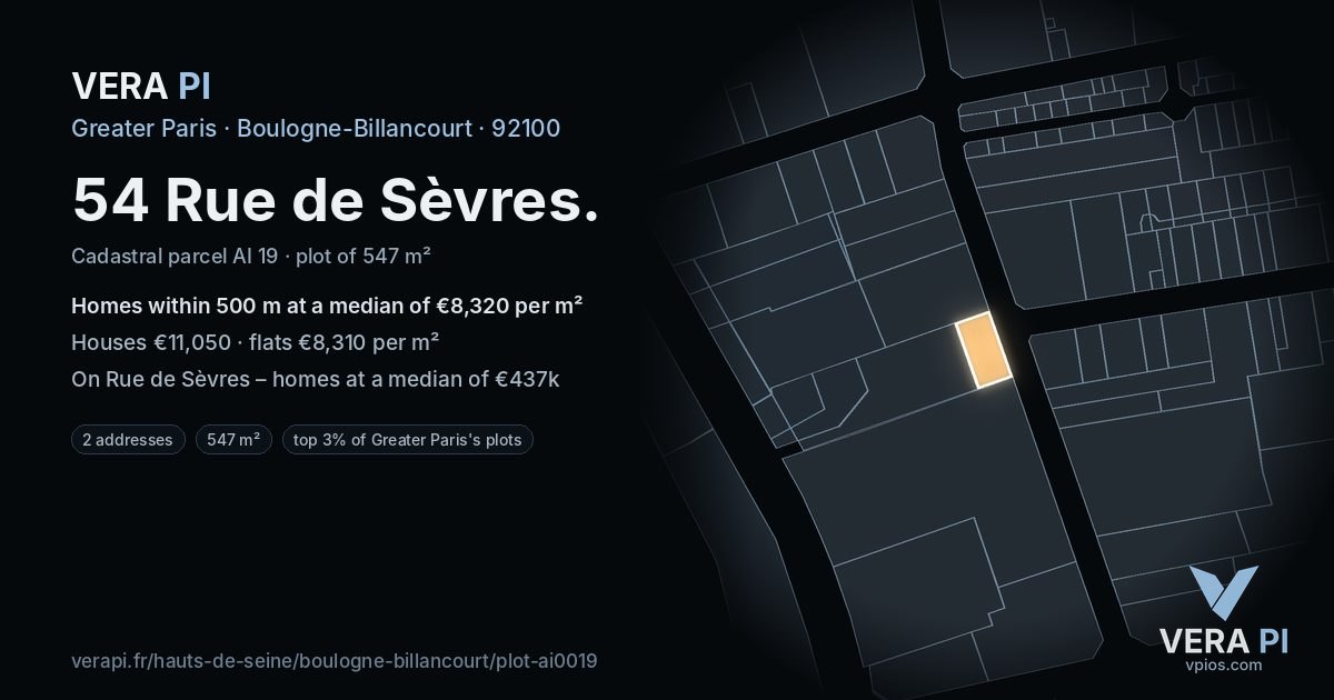 54 Rue de Sèvres, Boulogne-Billancourt at night – the plot lit, the parcels around coloured by the prices near them