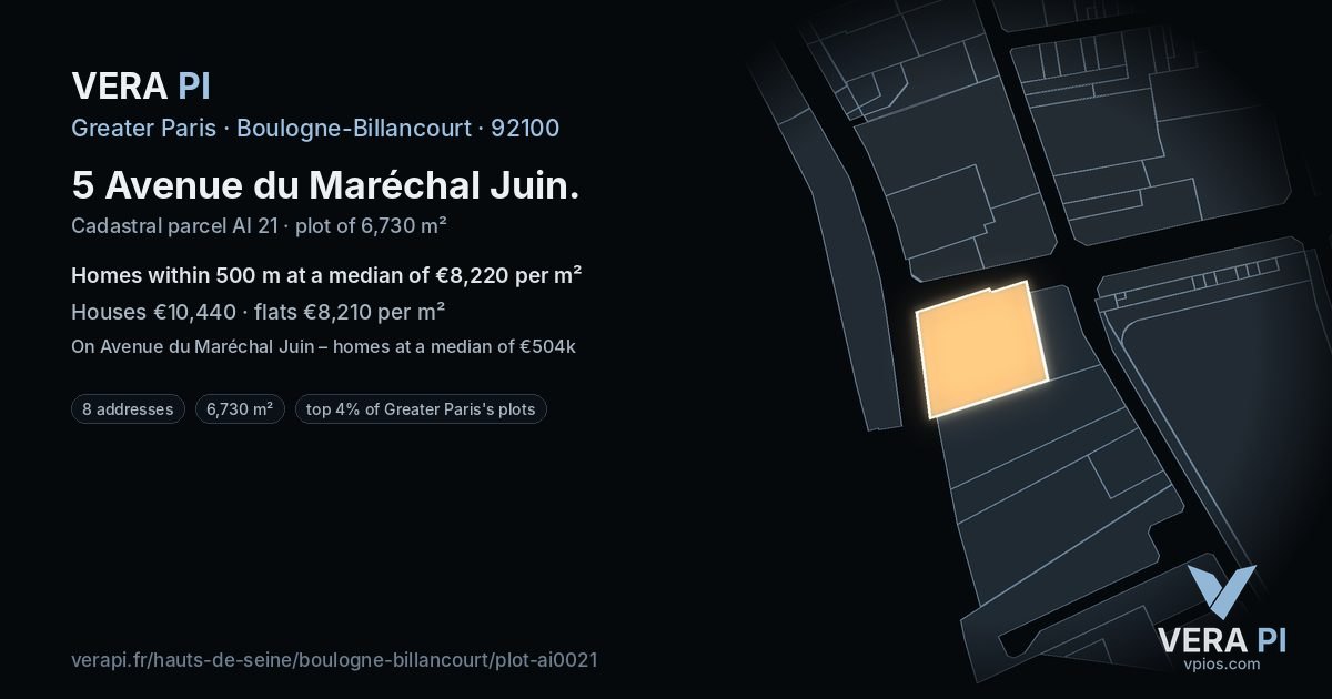 5 Avenue du Maréchal Juin, Boulogne-Billancourt at night – the plot lit, the parcels around coloured by the prices near them