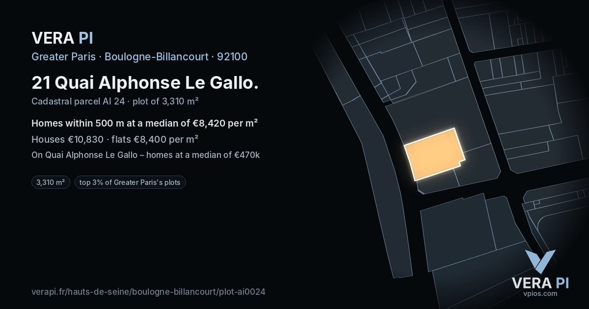 21 Quai Alphonse Le Gallo, Boulogne-Billancourt at night – the plot lit, the parcels around coloured by the prices near them