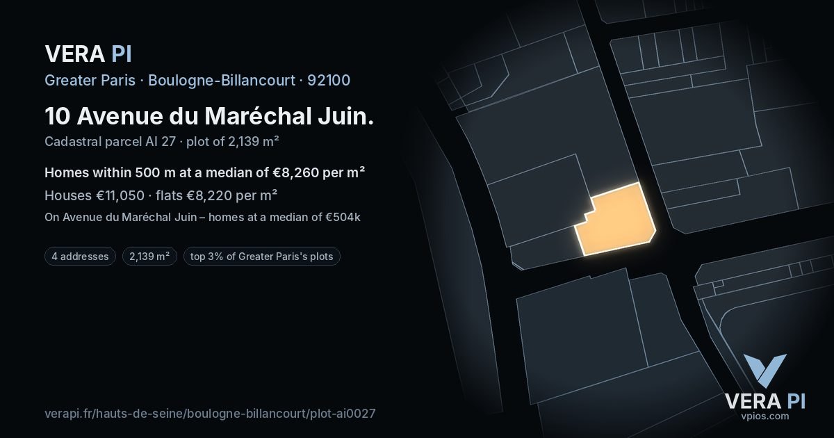 10 Avenue du Maréchal Juin, Boulogne-Billancourt at night – the plot lit, the parcels around coloured by the prices near them