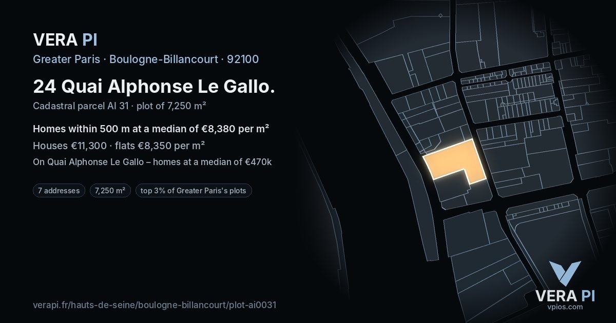 24 Quai Alphonse Le Gallo, Boulogne-Billancourt at night – the plot lit, the parcels around coloured by the prices near them