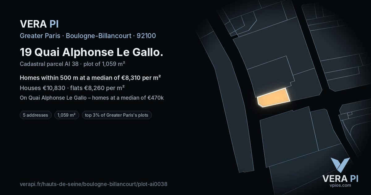 19 Quai Alphonse Le Gallo, Boulogne-Billancourt at night – the plot lit, the parcels around coloured by the prices near them