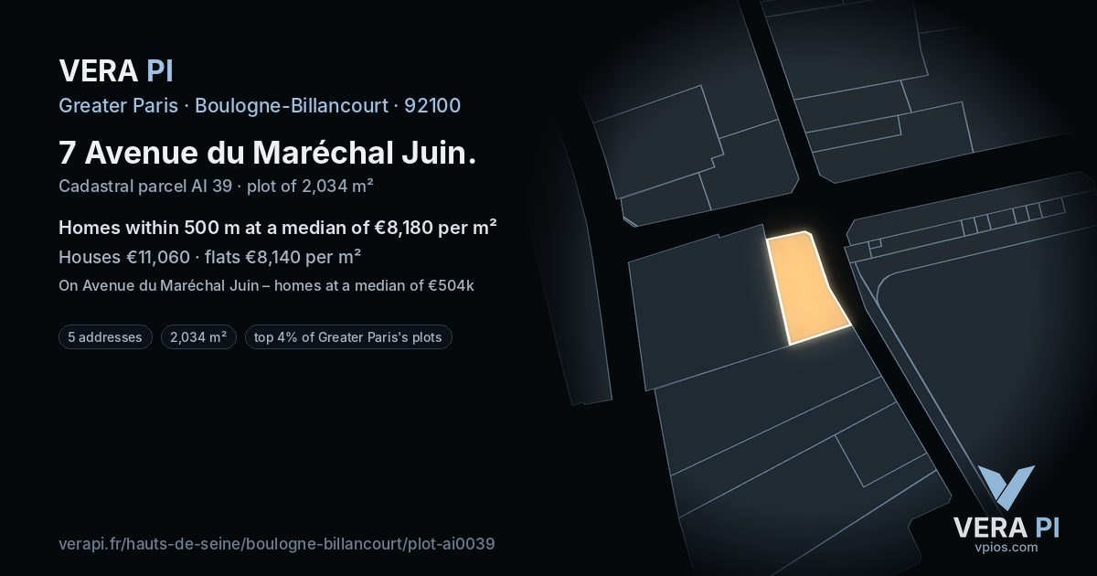 7 Avenue du Maréchal Juin, Boulogne-Billancourt at night – the plot lit, the parcels around coloured by the prices near them