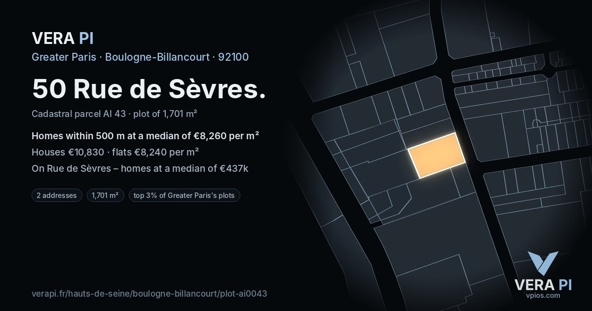 50 Rue de Sèvres, Boulogne-Billancourt at night – the plot lit, the parcels around coloured by the prices near them