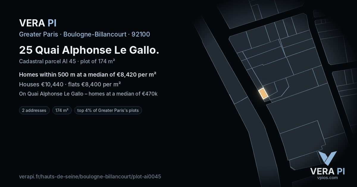 25 Quai Alphonse Le Gallo, Boulogne-Billancourt at night – the plot lit, the parcels around coloured by the prices near them