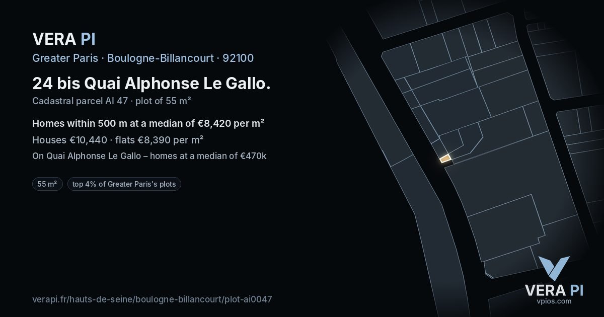 24 bis Quai Alphonse Le Gallo, Boulogne-Billancourt at night – the plot lit, the parcels around coloured by the prices near them