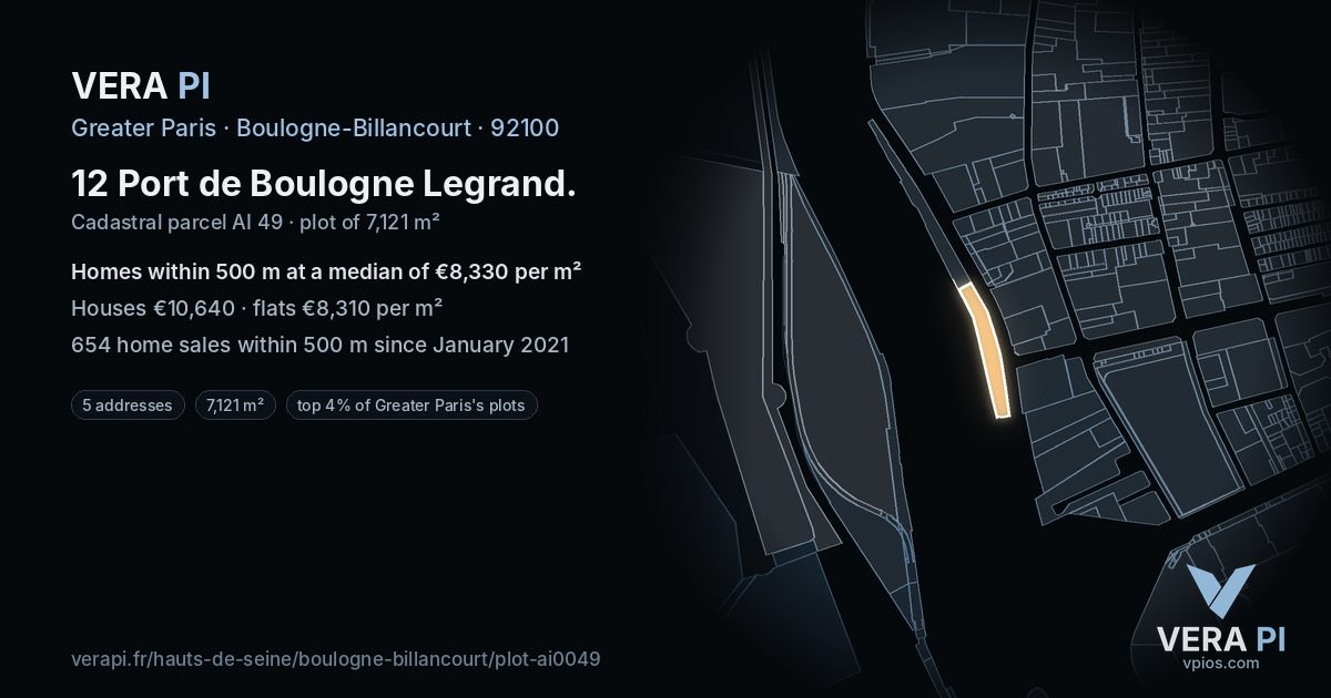 12 Port de Boulogne Legrand, Boulogne-Billancourt at night – the plot lit, the parcels around coloured by the prices near them