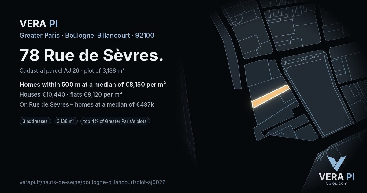 78 Rue de Sèvres, Boulogne-Billancourt at night – the plot lit, the parcels around coloured by the prices near them