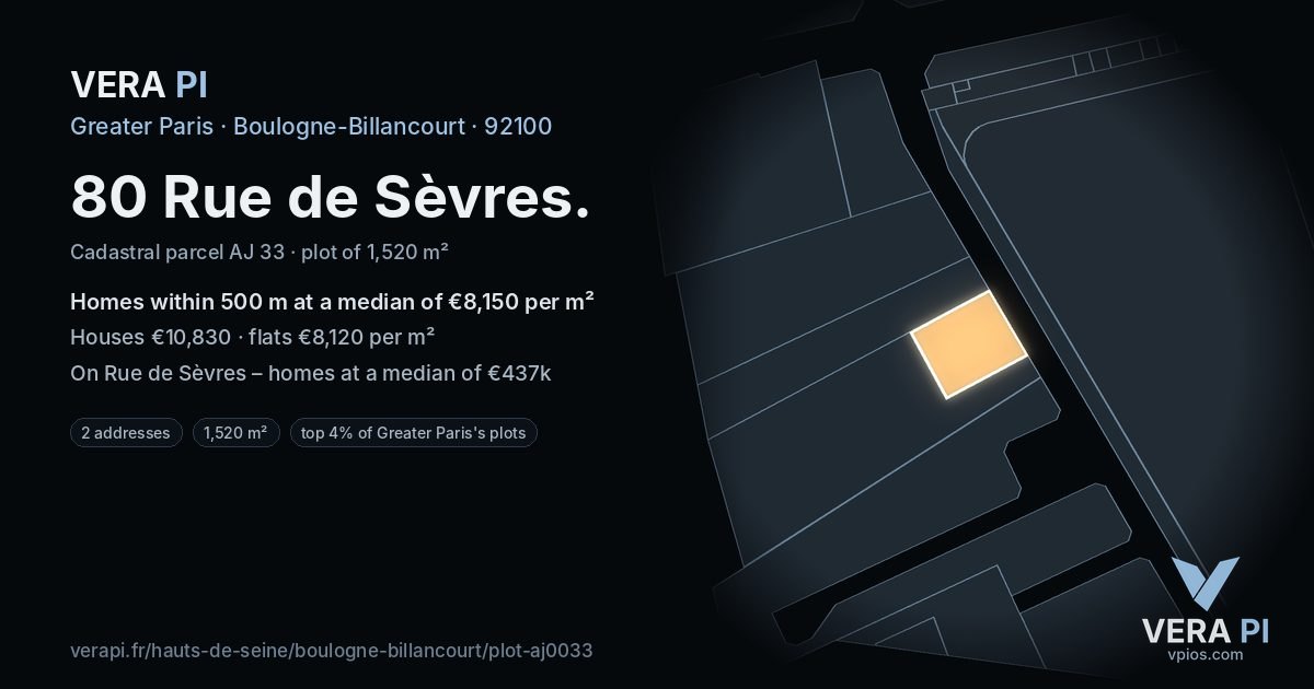 80 Rue de Sèvres, Boulogne-Billancourt at night – the plot lit, the parcels around coloured by the prices near them