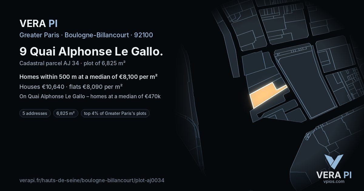 9 Quai Alphonse Le Gallo, Boulogne-Billancourt at night – the plot lit, the parcels around coloured by the prices near them