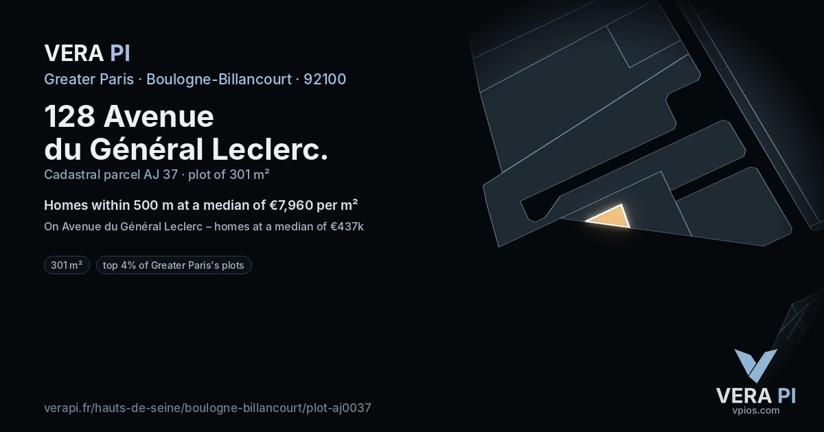 128 Avenue du Général Leclerc, Boulogne-Billancourt at night – the plot lit, the parcels around coloured by the prices near them