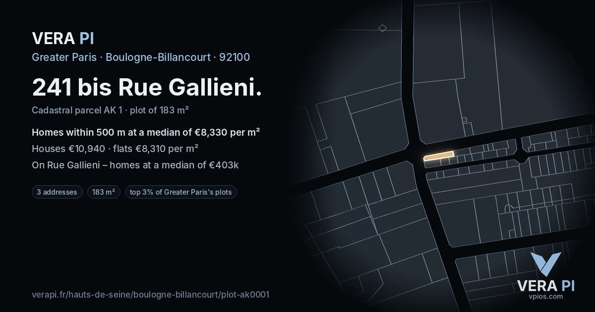241 bis Rue Gallieni, Boulogne-Billancourt at night – the plot lit, the parcels around coloured by the prices near them