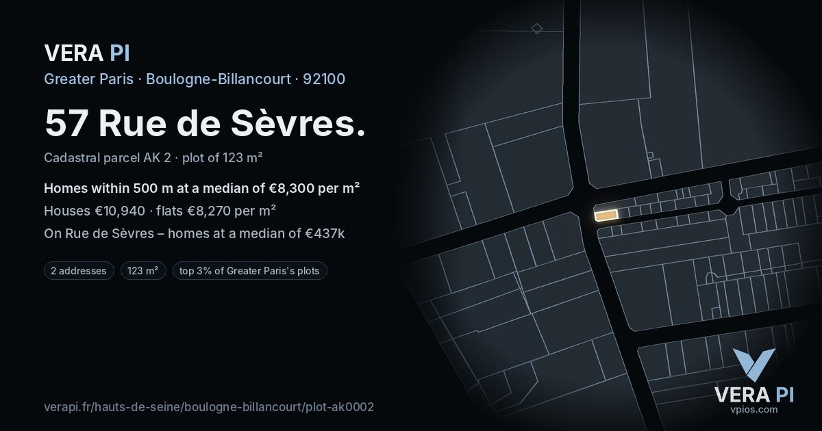 57 Rue de Sèvres, Boulogne-Billancourt at night – the plot lit, the parcels around coloured by the prices near them