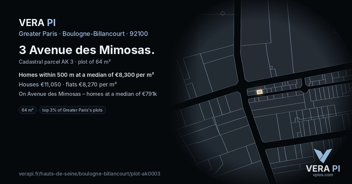 3 Avenue des Mimosas, Boulogne-Billancourt at night – the plot lit, the parcels around coloured by the prices near them