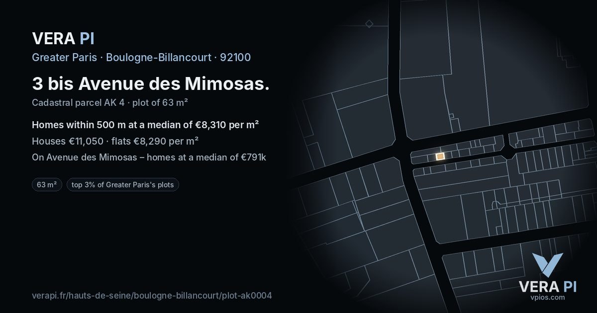 3 bis Avenue des Mimosas, Boulogne-Billancourt at night – the plot lit, the parcels around coloured by the prices near them
