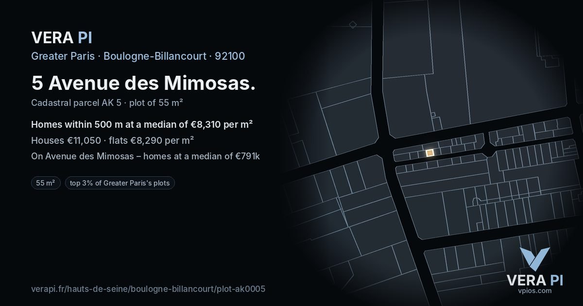 5 Avenue des Mimosas, Boulogne-Billancourt at night – the plot lit, the parcels around coloured by the prices near them