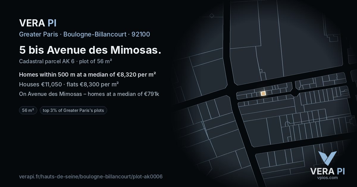 5 bis Avenue des Mimosas, Boulogne-Billancourt at night – the plot lit, the parcels around coloured by the prices near them
