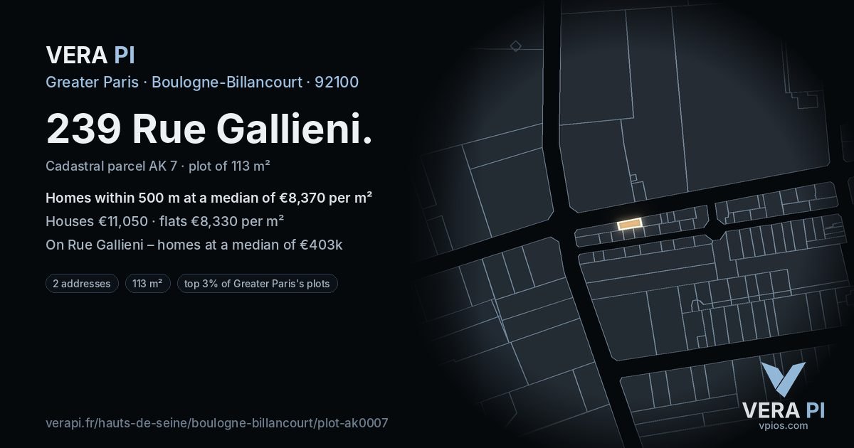 239 Rue Gallieni, Boulogne-Billancourt at night – the plot lit, the parcels around coloured by the prices near them