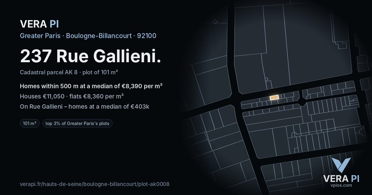 237 Rue Gallieni, Boulogne-Billancourt at night – the plot lit, the parcels around coloured by the prices near them