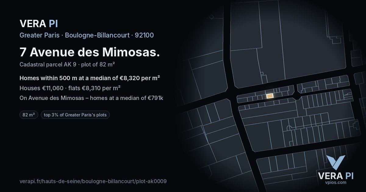 7 Avenue des Mimosas, Boulogne-Billancourt at night – the plot lit, the parcels around coloured by the prices near them