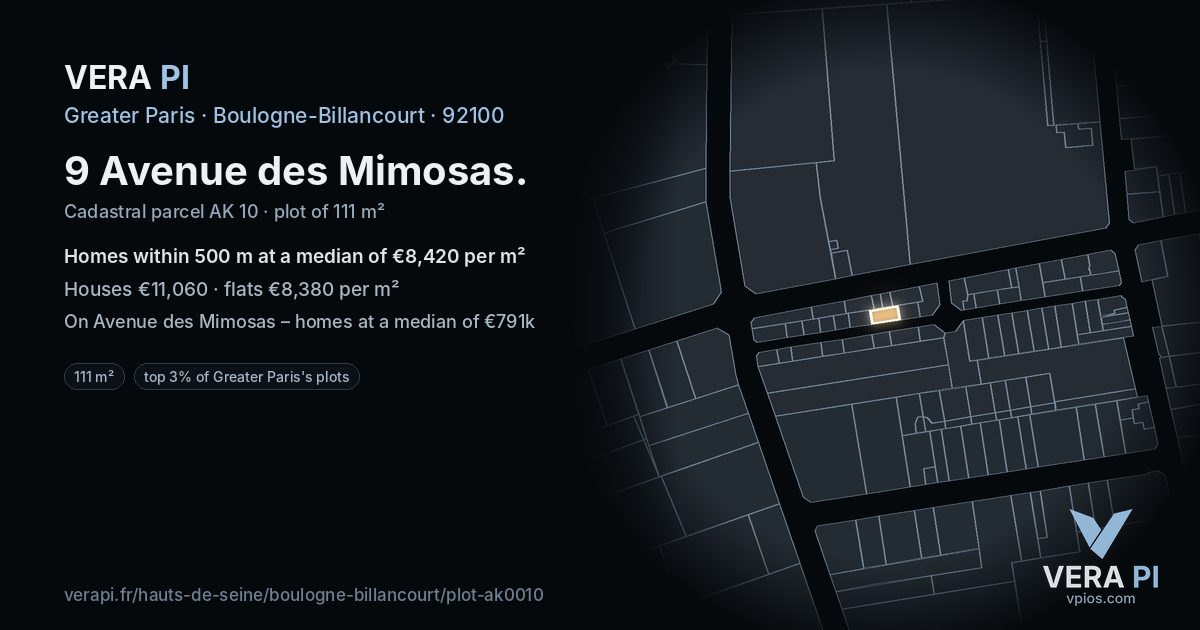 9 Avenue des Mimosas, Boulogne-Billancourt at night – the plot lit, the parcels around coloured by the prices near them
