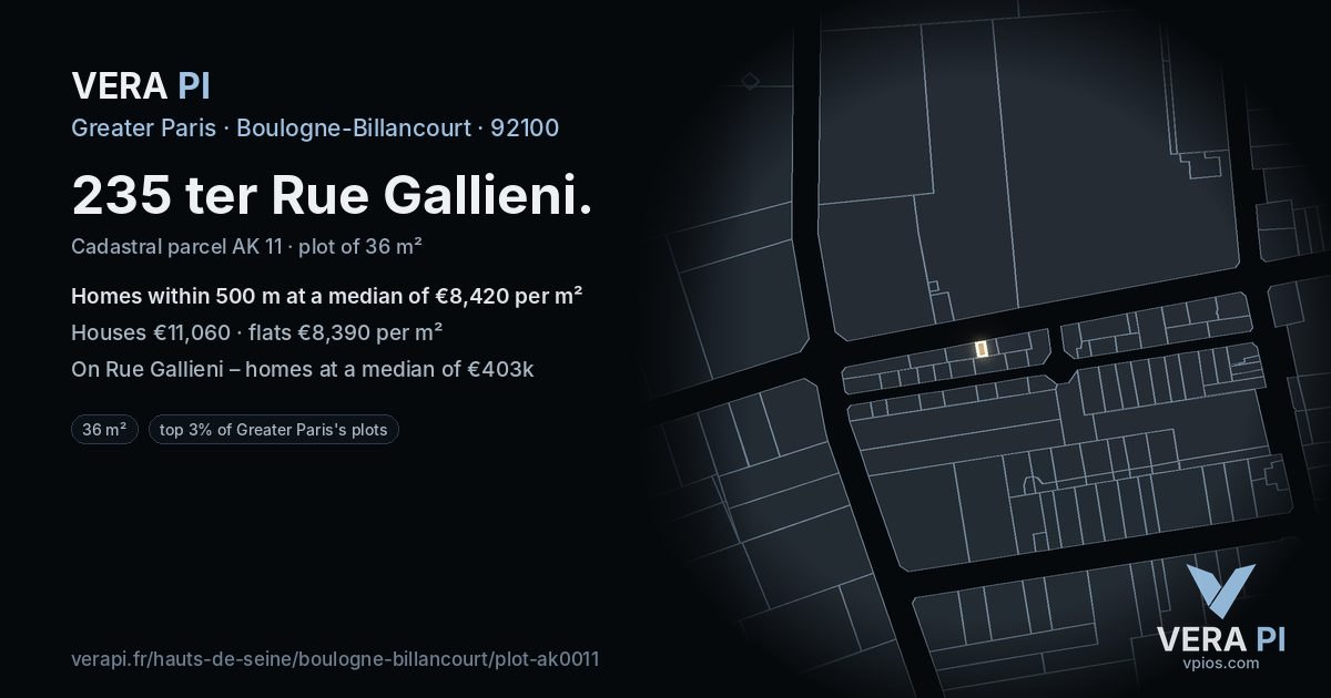 235 ter Rue Gallieni, Boulogne-Billancourt at night – the plot lit, the parcels around coloured by the prices near them