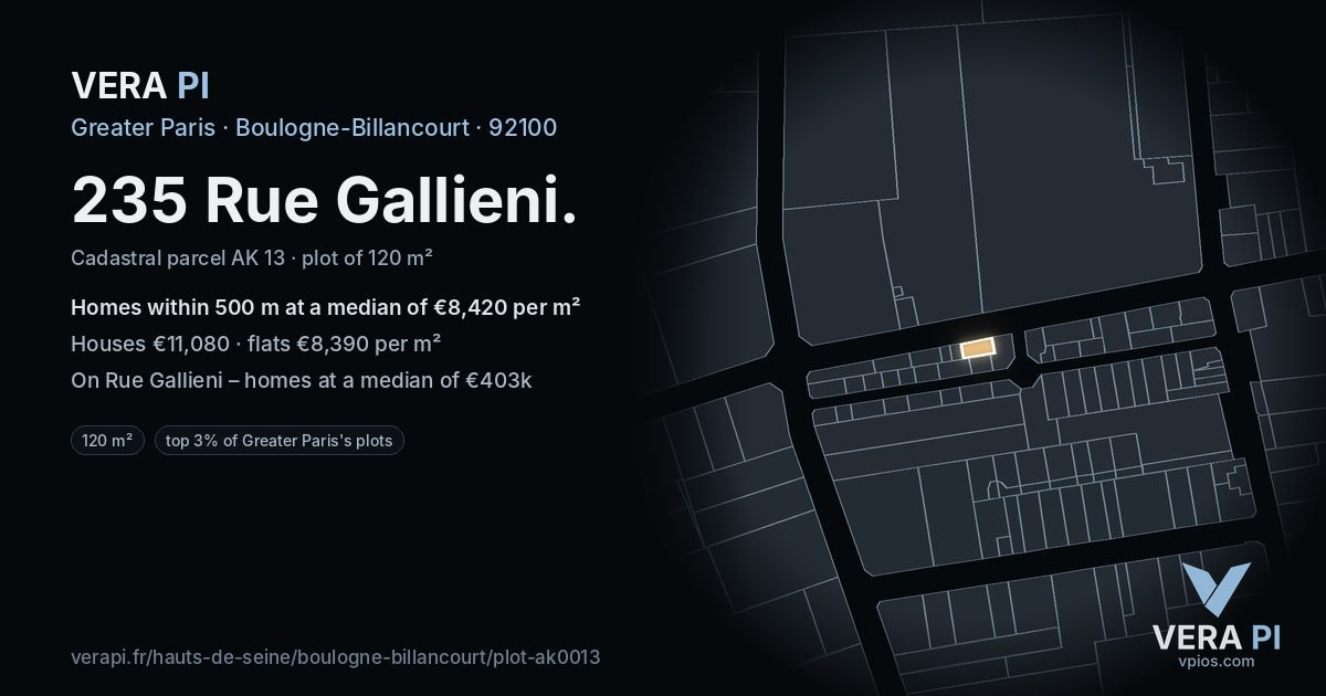 235 Rue Gallieni, Boulogne-Billancourt at night – the plot lit, the parcels around coloured by the prices near them