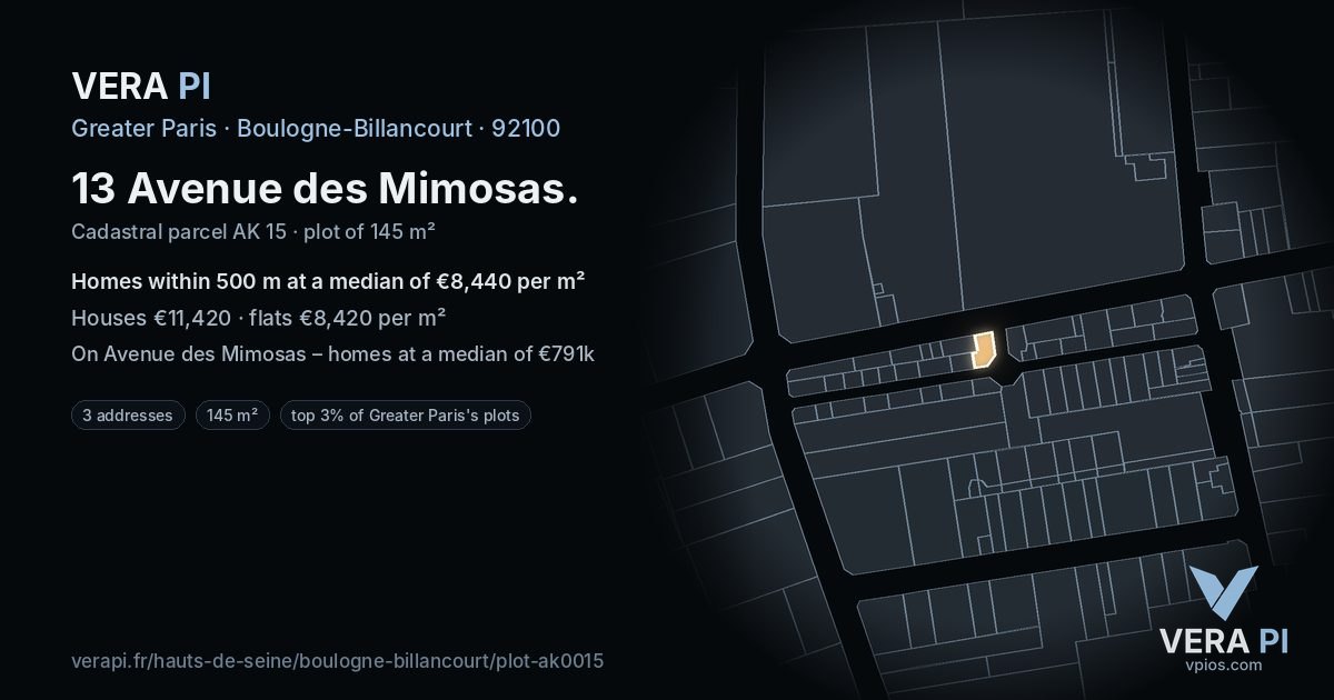 13 Avenue des Mimosas, Boulogne-Billancourt at night – the plot lit, the parcels around coloured by the prices near them