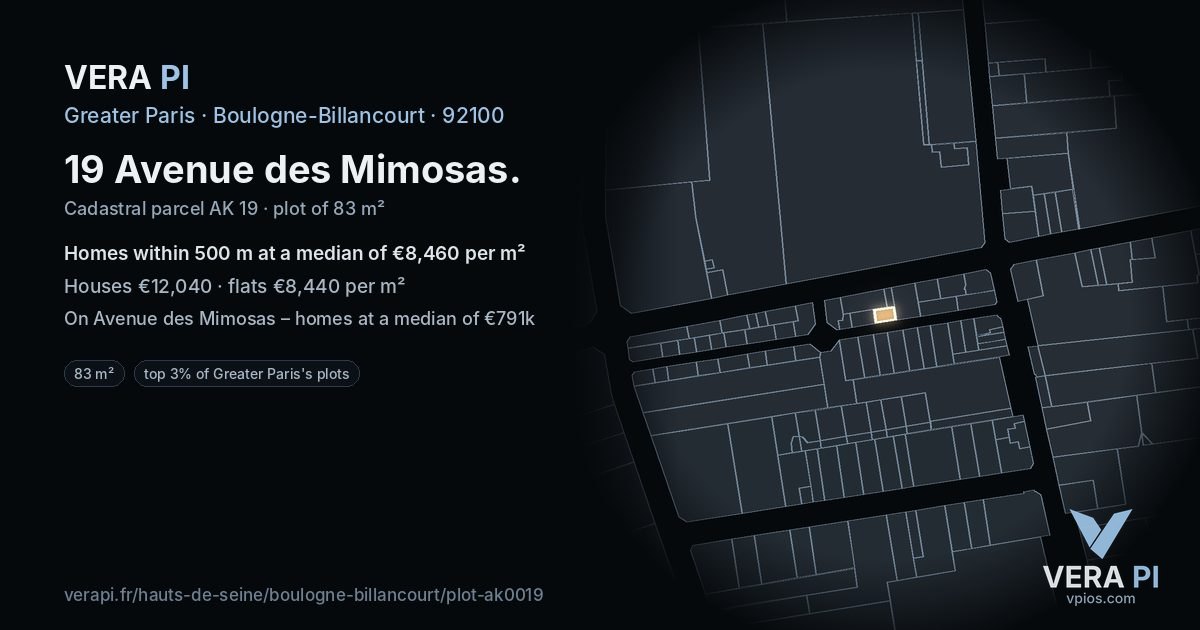 19 Avenue des Mimosas, Boulogne-Billancourt at night – the plot lit, the parcels around coloured by the prices near them