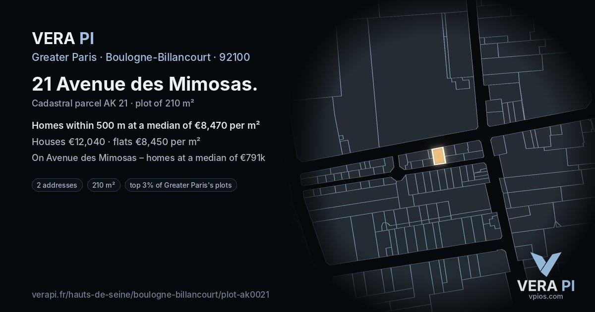 21 Avenue des Mimosas, Boulogne-Billancourt at night – the plot lit, the parcels around coloured by the prices near them