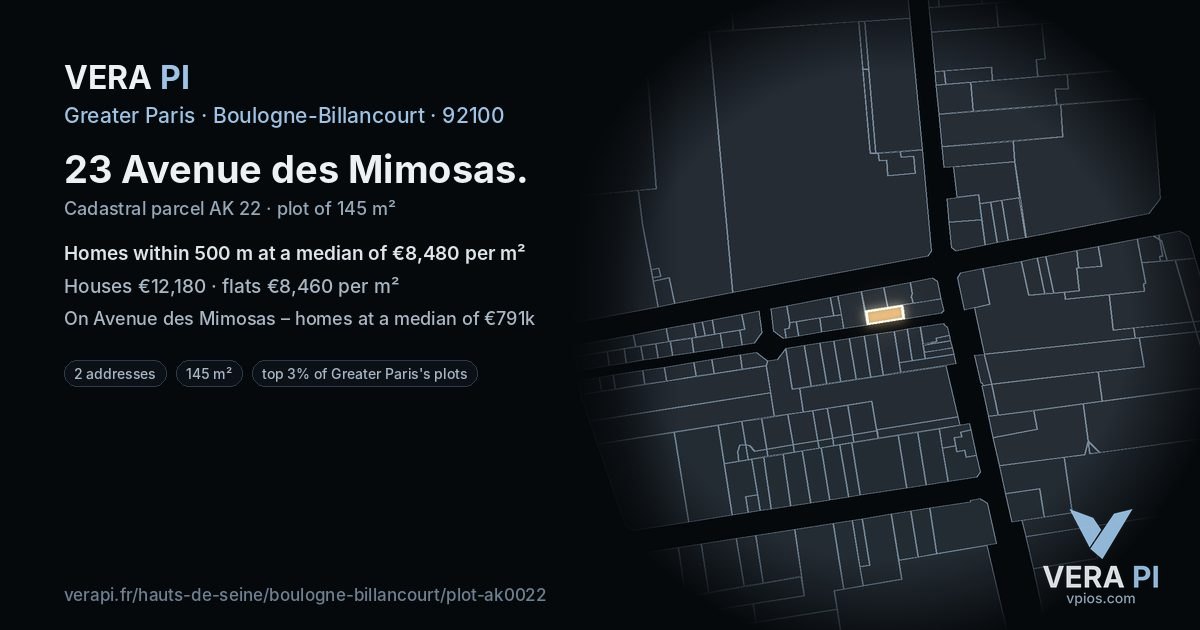 23 Avenue des Mimosas, Boulogne-Billancourt at night – the plot lit, the parcels around coloured by the prices near them