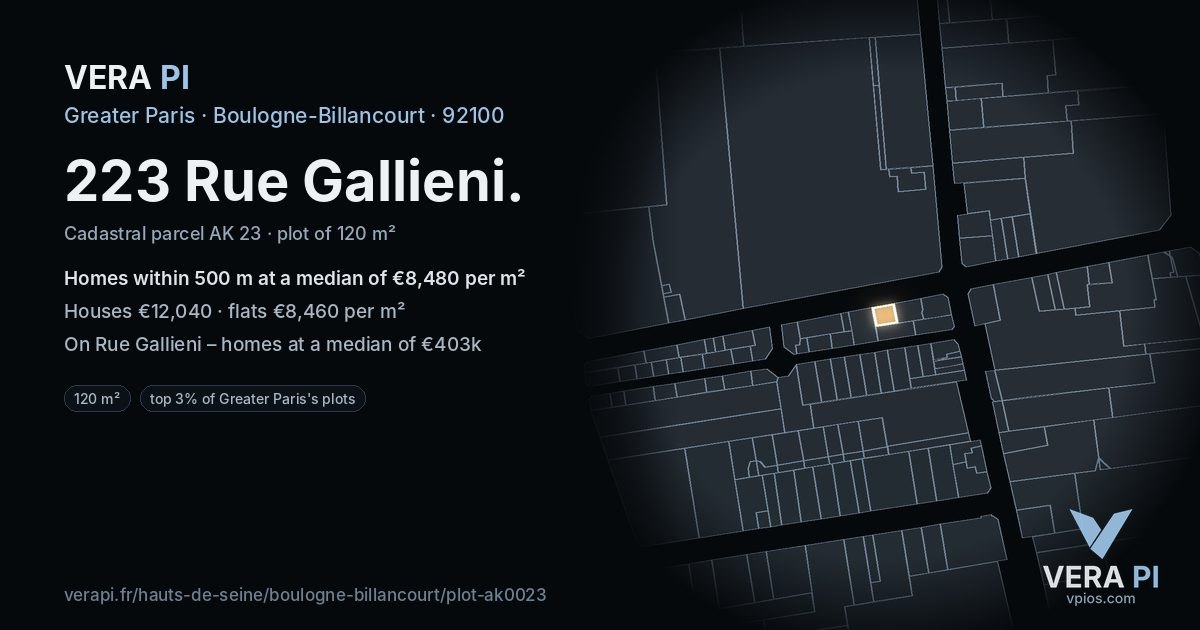 223 Rue Gallieni, Boulogne-Billancourt at night – the plot lit, the parcels around coloured by the prices near them