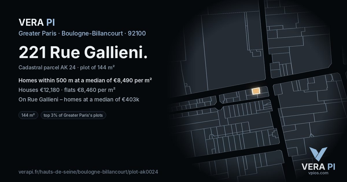 221 Rue Gallieni, Boulogne-Billancourt at night – the plot lit, the parcels around coloured by the prices near them