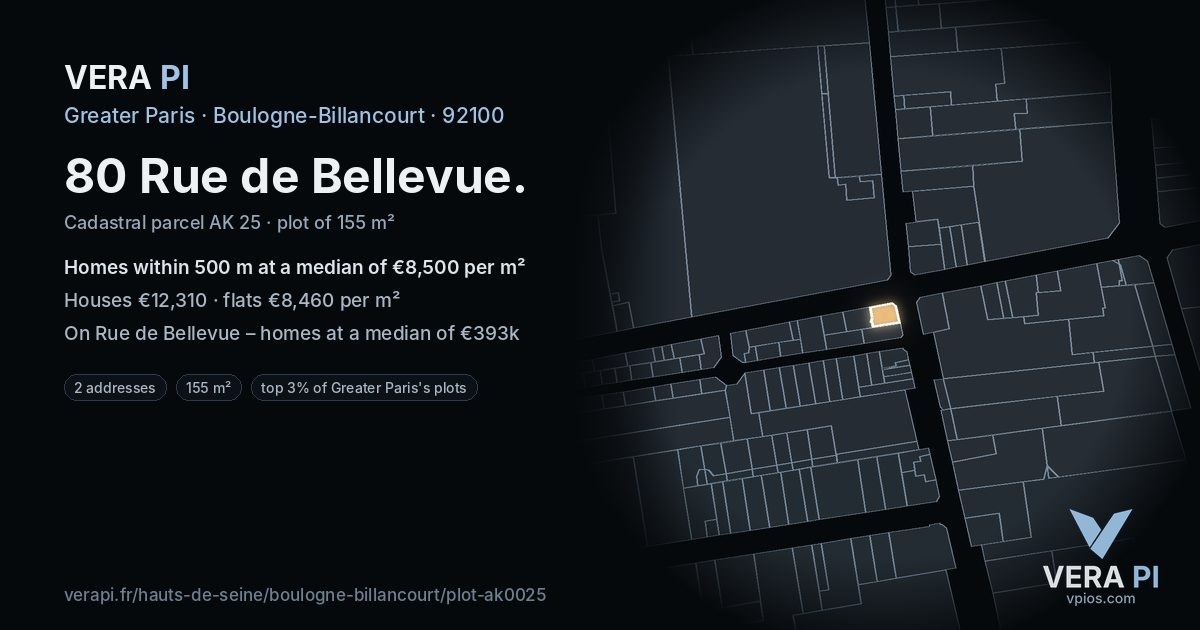 80 Rue de Bellevue, Boulogne-Billancourt at night – the plot lit, the parcels around coloured by the prices near them