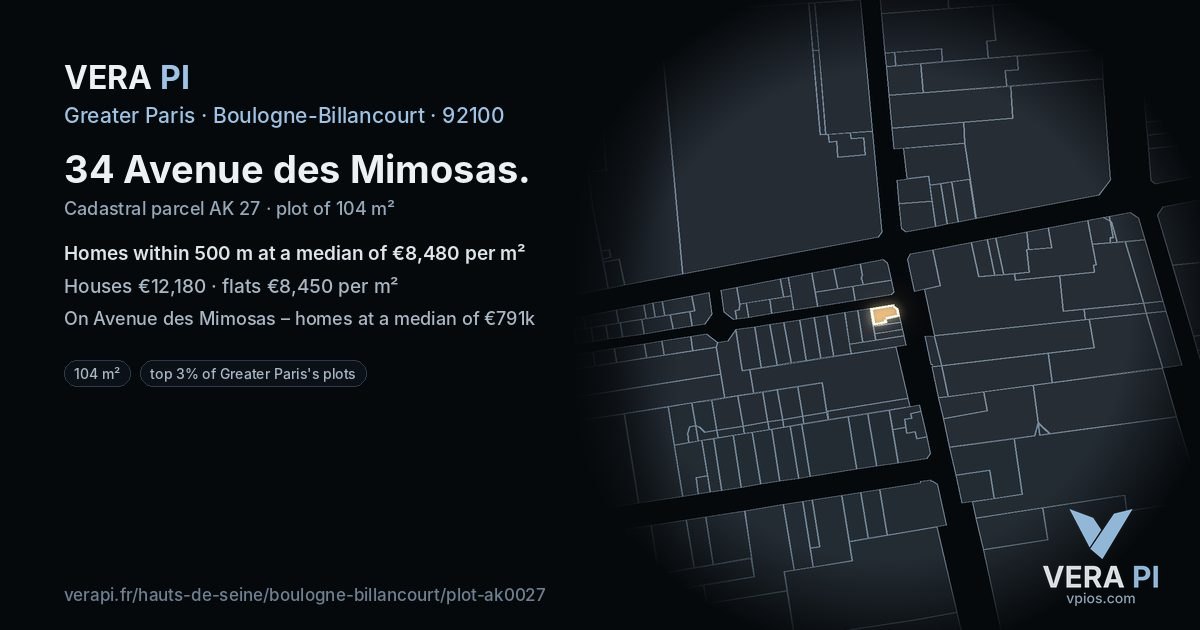 34 Avenue des Mimosas, Boulogne-Billancourt at night – the plot lit, the parcels around coloured by the prices near them