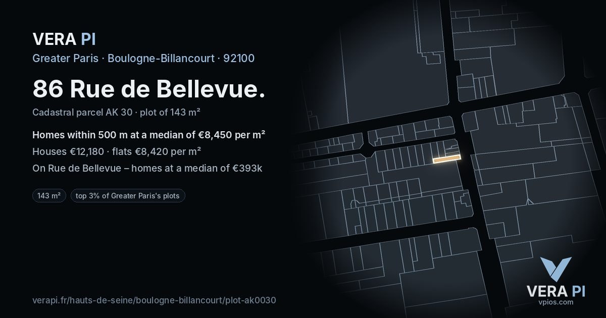 86 Rue de Bellevue, Boulogne-Billancourt at night – the plot lit, the parcels around coloured by the prices near them